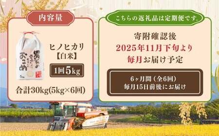 【6ヶ月定期便】日永園 ヒノヒカリ 白米5kg×6ヶ月 【2025年11月下旬より発送予定】 米 お米 ご飯  うきは市