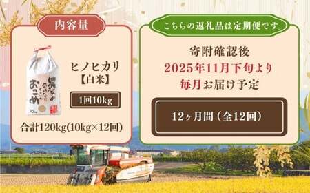 【12ヶ月定期便】日永園 ヒノヒカリ 玄米 10kg×12ヶ月 【2025年11月下旬より発送予定】 米 お米 ご飯  うきは市