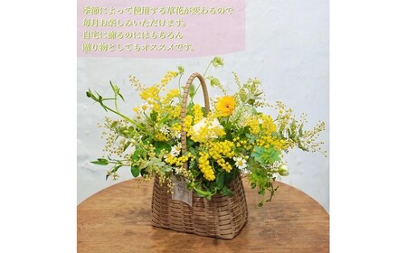 【6回定期便】季節の生花バスケットフラワーM / お花 フラワー アレンジメント バスケットフラワー そのまま飾れる 作家 手作り カゴバッグ 旬の生花 定期便 ナチュラル インテリア お祝い 高知市【株式会社tomoni】[ATCG054]