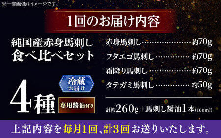 【全3回定期便】【冷蔵】純国産馬 馬刺し食べ比べセット計約260g 馬刺し専用醤油付き(赤身/約70g フタエゴ/約70g 霜降り/約70g タテガミ/約50g) / ばさし 馬刺 熊本馬刺し 熊本県 菊陽町【株式会社古閑ファーム】[BHDF048]