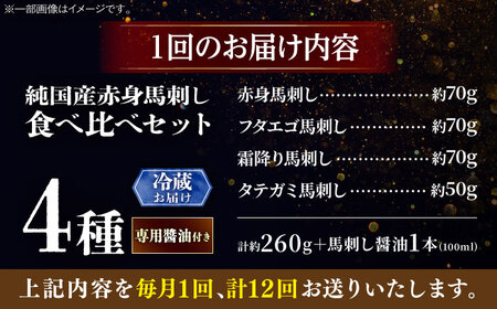 【全12回定期便】【冷蔵】純国産馬 馬刺し食べ比べセット計約260g 馬刺し専用醤油付き(赤身/約70g フタエゴ/約70g 霜降り/約70g タテガミ/約50g) / ばさし 馬刺 熊本馬刺し 熊本県 菊陽町【株式会社古閑ファーム】[BHDF050]