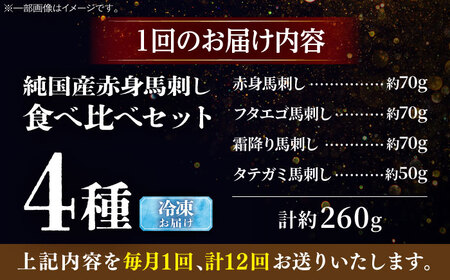 【全12回定期便】純国産馬 馬刺し食べ比べセット計約260g(赤身/約70g フタエゴ/約70g 霜降り/約70g タテガミ/約50g) / ばさし 馬刺 熊本馬刺し 熊本県 菊陽町【株式会社古閑ファーム】[BHDF053]