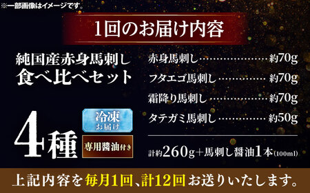 【全12回定期便】純国産馬 馬刺し食べ比べセット計約260g 馬刺し専用醤油付き(赤身/約70g フタエゴ/約70g 霜降り/約70g タテガミ/約50g) / ばさし 馬刺 熊本馬刺し 熊本県 菊陽町【株式会社古閑ファーム】[BHDF056]