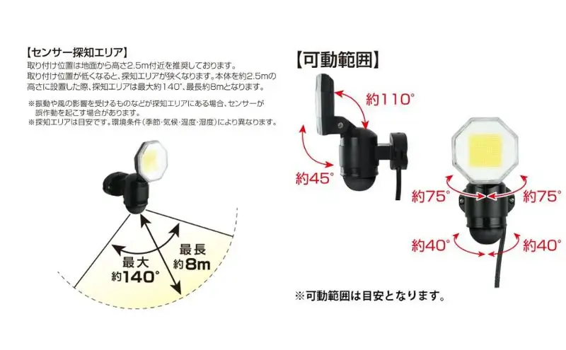 大進 コンセント式センサーライト1灯 DLA-18T100 防犯ライト 100V 防雨 屋外 人感センサー 4939736905746