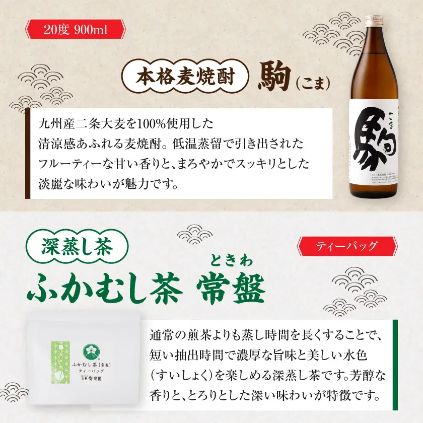 みやこんじょ黒と駒の『茶割』セット〔12-22-003〕_(都城市) コラボ返礼品 焼酎 お茶 食中酒 贈り物 みやこんじょ黒 駒 ふかむし茶 常盤 ティーバッグ