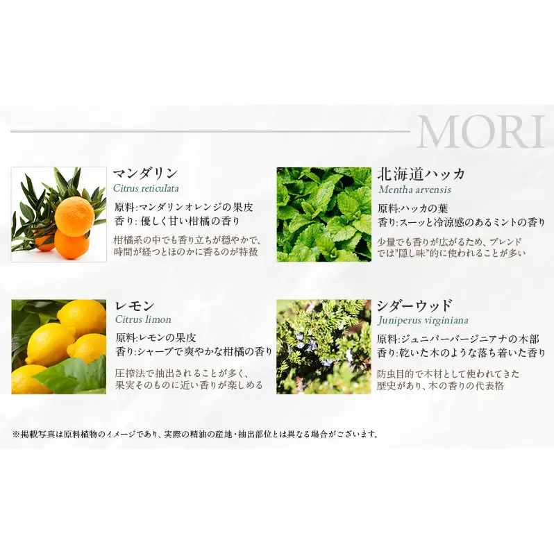 木々之重 MORI エッセンシャルオイル 10ml アロマスプレー 50ml セット アロマオイル アロマグッズ 香り 精油 天然由来 シダーウッド マンダリン レモン ハッカ 清涼感 果物 爽快感 さっぱり リセット 癒し 贈答 プレゼント ご褒美