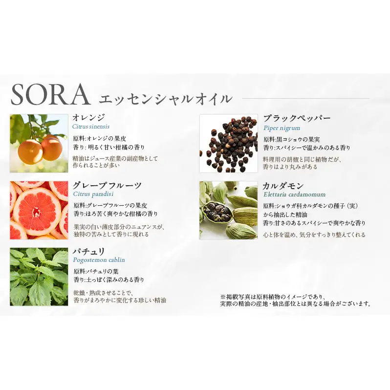 木々之重 SORA エッセンシャルオイル 10ml アロマスプレー 50ml セット アロマオイル アロマグッズ 香り 精油 天然由来 オレンジ グレープフルーツ カルダモン パチュリ ブラックペッパー ホーウッド スパイス 気分転換 スッキリ 癒し 贈答 プレゼント