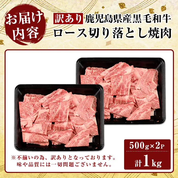 K-321-A ＜訳あり・不揃い＞鹿児島県産黒毛和牛＜A5等級＞ロース切り落とし焼肉(計1kg・500g×2P)【ビーフ倉薗】霧島市 牛肉 ヤキニク 焼き肉 国産 鹿児島県産 黒毛和牛 肉 精肉 牛