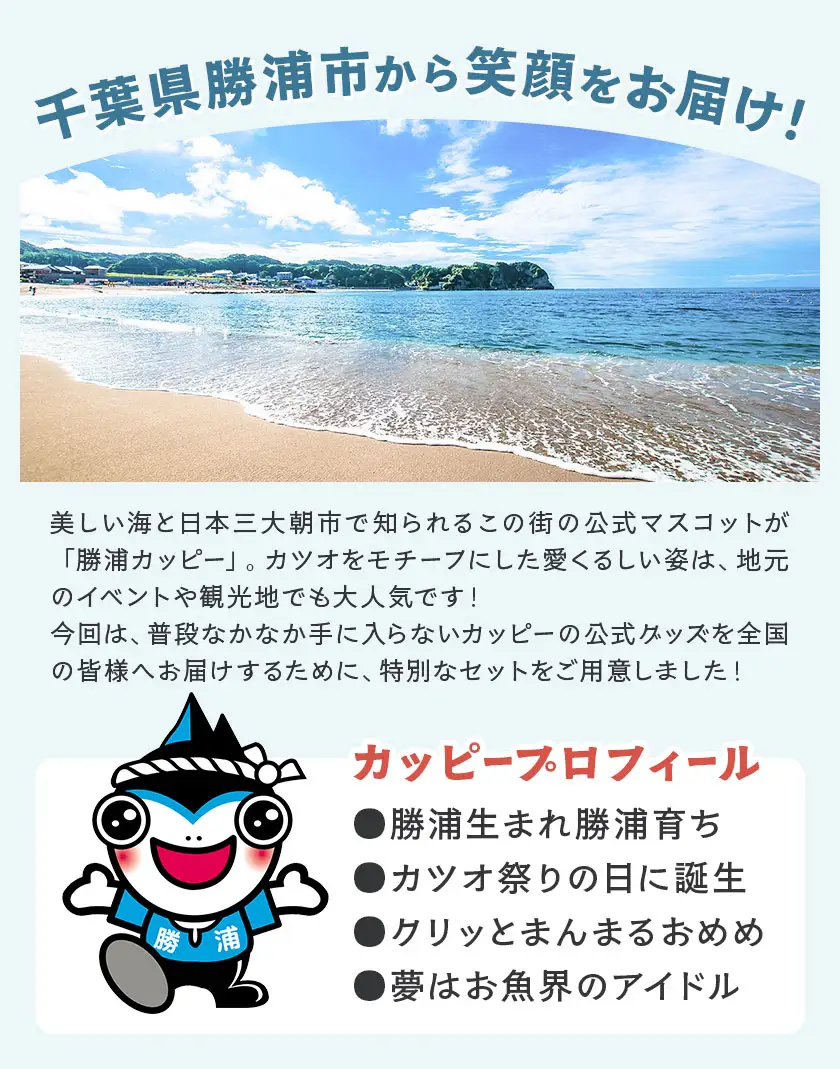 勝浦カッピー グッズ 7点 セット ぬいぐるみ 2個 自由帳 2冊 スタンド付きキーホルダー 1個 ピンバッジ 1個 ステッカー 1枚 一般社団法人勝浦市観光協会《30日以内に出荷予定(土日祝除く)》千葉県 勝浦市 送料無料 公式 キャラクター グッズ 雑貨