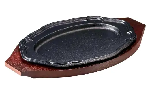 トキワ鉄器 ステーキ皿 ＆ ハンドル付き （木台タイプ） IH対応 花形 30cm 314 くわな鋳物 ／ 食器 皿 お皿 鋳物 伝統 匠 食卓 プレート 蓄熱性 器 鉄板皿 重厚感 黒鉄 保温性