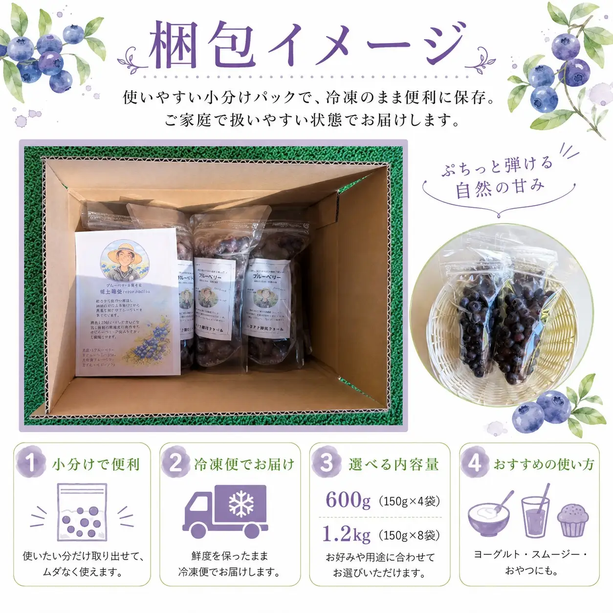 【先行受付】【栽培期間中農薬不使用】標高1200mで育った完熟冷凍ブルーベリー 600g（150g×4パック）