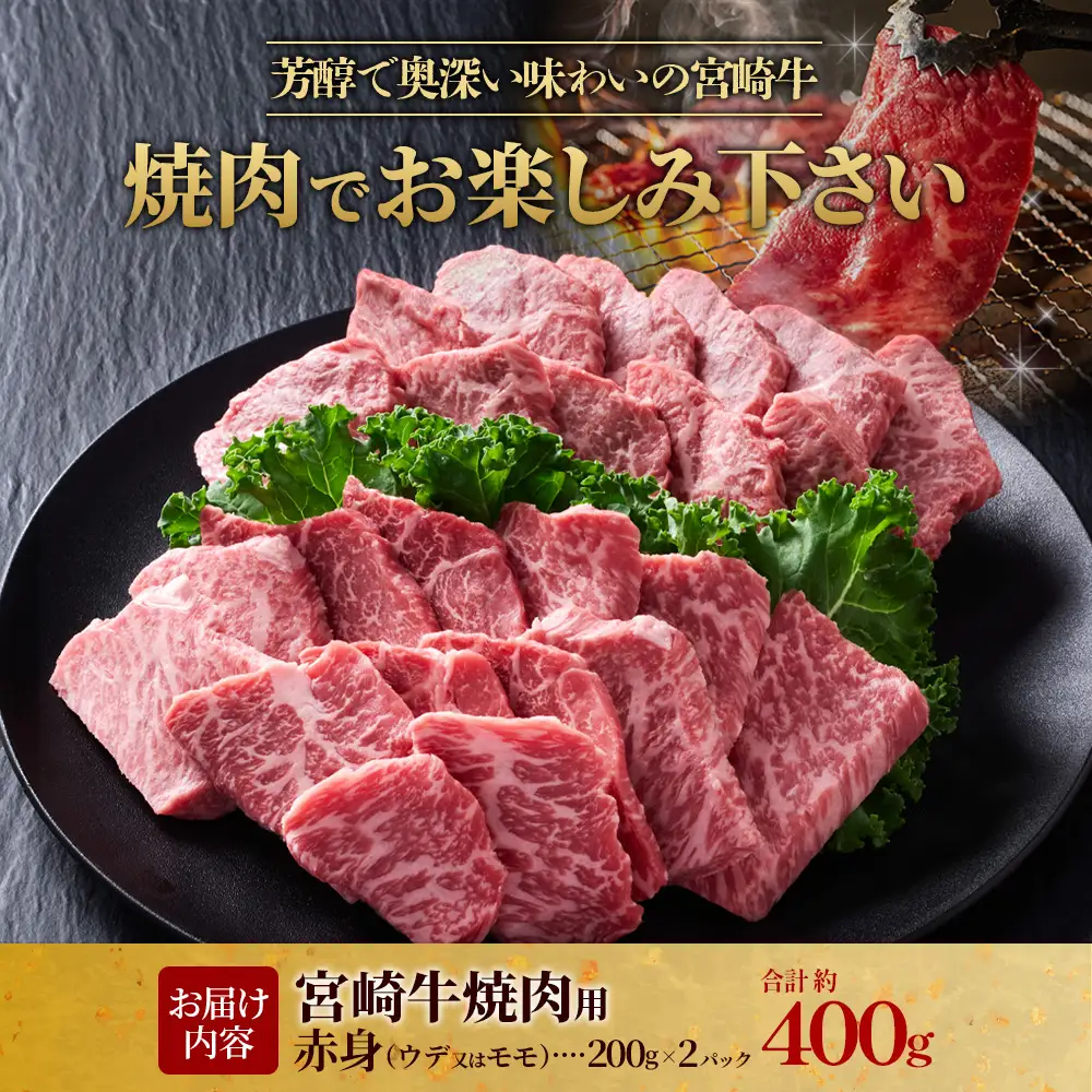 【宮崎牛】焼肉 赤身（ウデ又は上モモ） 400g(200g×2P) 真空パック 冷凍