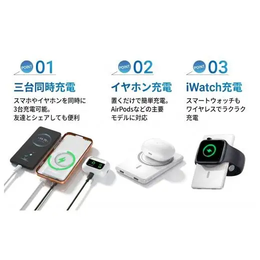 WY01 マグネット式  モバイルバッテリー(ホワイト)