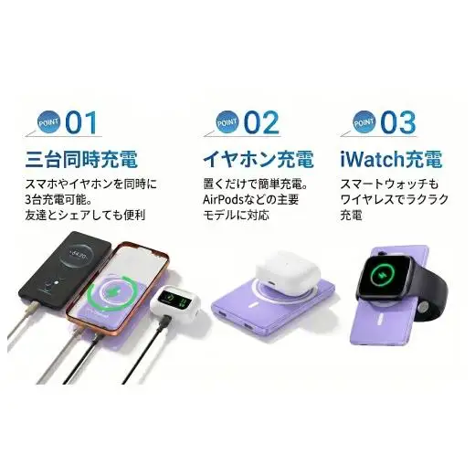 WY01 マグネット式  モバイルバッテリー(パープル)