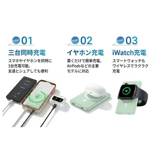 WY01 マグネット式  モバイルバッテリー(ライトグリーン)