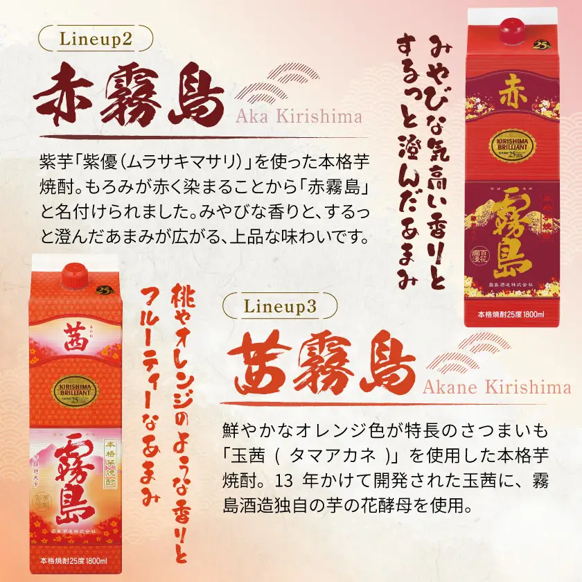 【匠の焼酎三種】KIRISHIMA No.8・赤霧島・茜霧島(25度)3本セット≪みやこんじょ特急便≫〔18-67-006〕_(都城市) 焼酎 25度 パック/瓶 1800ml/900ml 霧島酒造