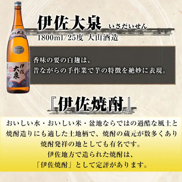 isa888 【定期便6回(連続月)】だれやめ焼酎セット 伊佐舞・伊佐美・伊佐大泉 各1.8L 合計36本(3種各2本×6回)  鹿児島 本格芋焼酎 芋焼酎 焼酎 一升瓶 飲み比べ 詰め合わせ 詰合せ 晩酌 飲みやすい だいやめ 伊佐限定焼酎 【酒乃向原】