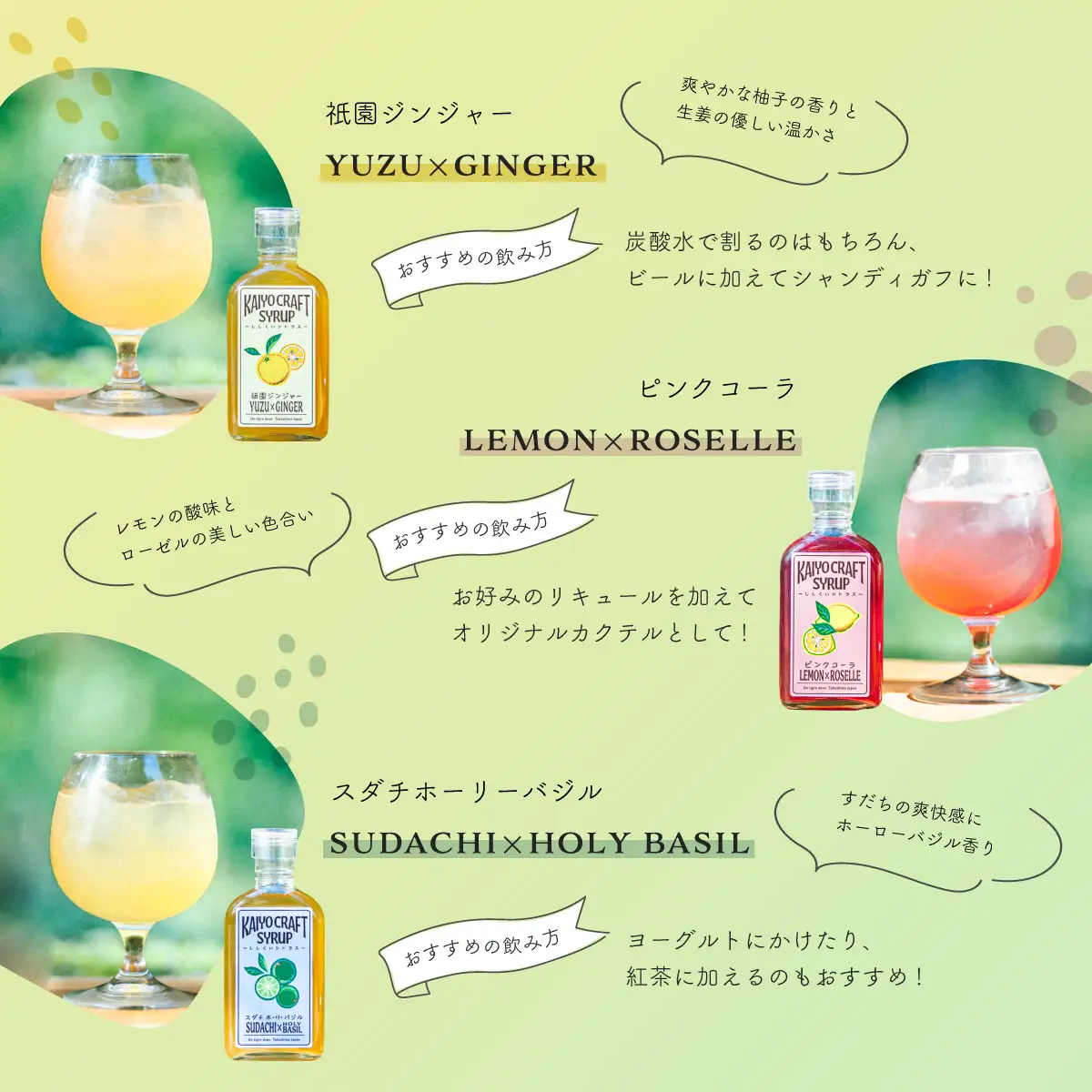 KAIYO CRAFT SYRUP ～ししくいシトラス～ ３種セット ピンクコーラ 祇園ジンジャー すだちホーリーバジル 手作り 有機シュガー 添加物不使用