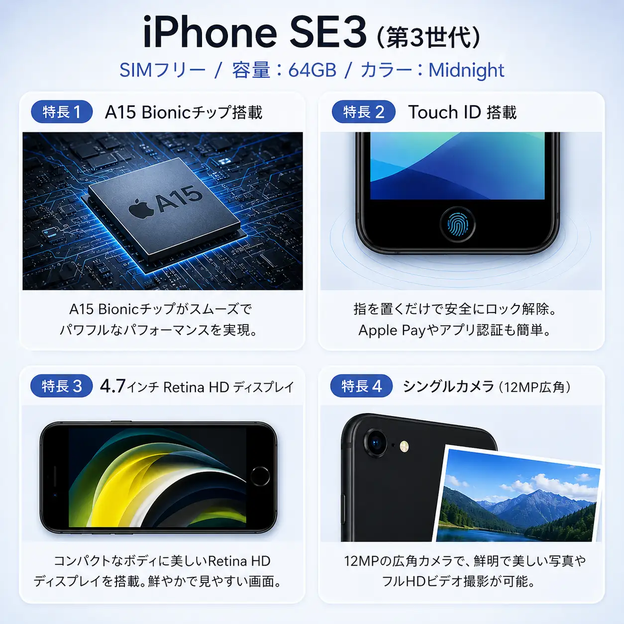 Apple iPhone SE 3【SIMフリー】 64GB Midnight ｜　077-04