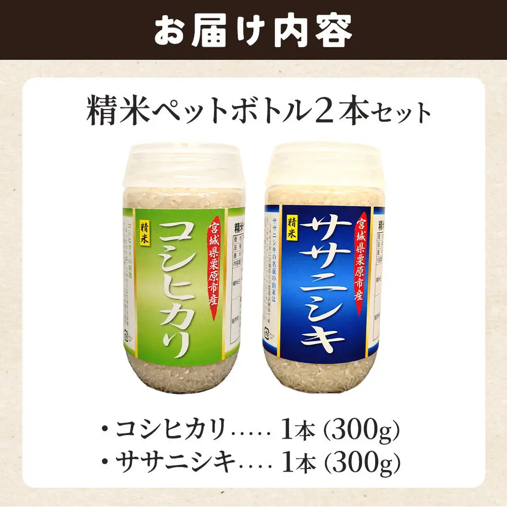 米 白米 令和7年産 精米ペットボトル 300g×2本セット (コシヒカリ、ササニシキ) お試し 食べ比べ