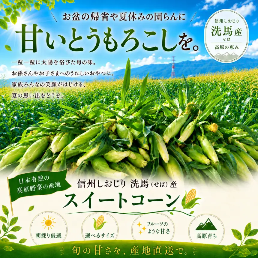 【2026年先行予約】 極甘スイートコーン 3L級 11本 約5kg （高原野菜の名産地　信州しおじり洗馬産）【7月末～8月中旬にかけて順次発送予定】