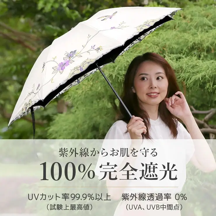 【シノワズリーモダン京都】花鳥刺繍ミニ折りたたみ晴雨兼用日傘 エクリュ