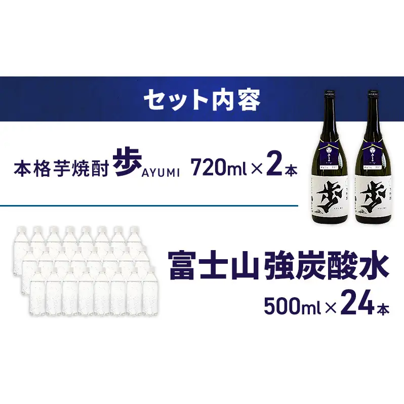 【8月上旬発送】焼酎 炭酸水 セット 芋焼酎 歩 720ml 2本 ＆ アイリスオーヤマ 強炭酸水 ラベルレス 500ml 24本 富士山 飲料水 裾野市 静岡県