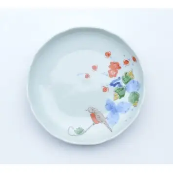 有田焼 色絵花鳥文4.5寸皿 2枚セット【まるぶん】まるぶんオリジナル 食器 器 うつわ 磁器 陶磁器 小皿 取り皿 飾り皿 染付 赤絵 手描き 日本画 和風 A22-110
