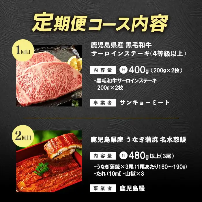 【定期便全3回】黒毛和牛・うなぎ・豚肉の豪華三選コース 志布志うんまか定期便 国産 牛肉 ステーキ 鰻 うな重 ひつまぶし ロース バラ 切り落とし バラエティ セット t0050-022