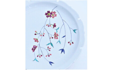 有田焼 雪輪皿22cm しだれ桜文【赤絵白磁硯処 雪月花】食器 うつわ 器 磁器 陶磁器 皿 飾り皿 プレート メインプレート 雪輪皿 雪輪 花 桜 さくら 手描き A45-323