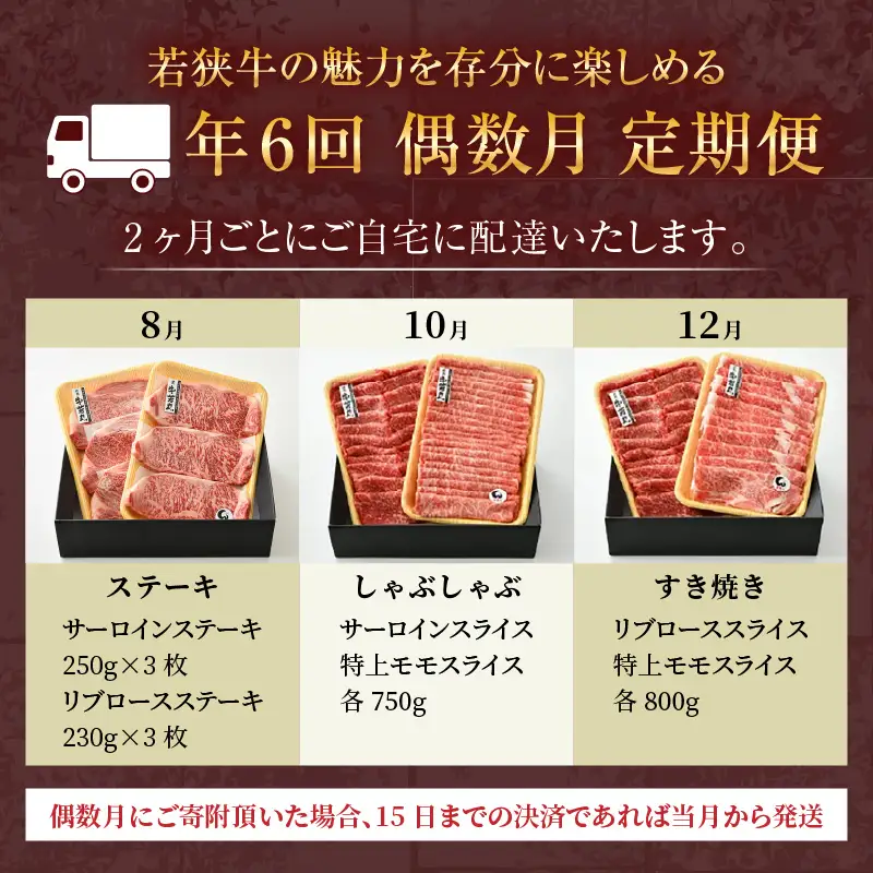【偶数月定期便6回コース】若狭牛 特選和牛セット（焼肉・モモブロック・ステーキ・しゃぶしゃぶ・すき焼き） ／ 国産 牛肉 ブランド牛 贅沢 A4 A5 ギフト [aw009-r001]