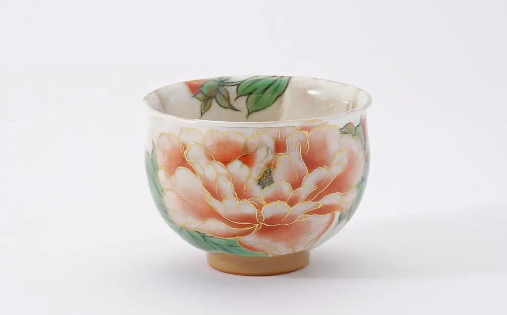 【陶あん】京焼・清水焼　色絵牡丹オクシマ湯呑み