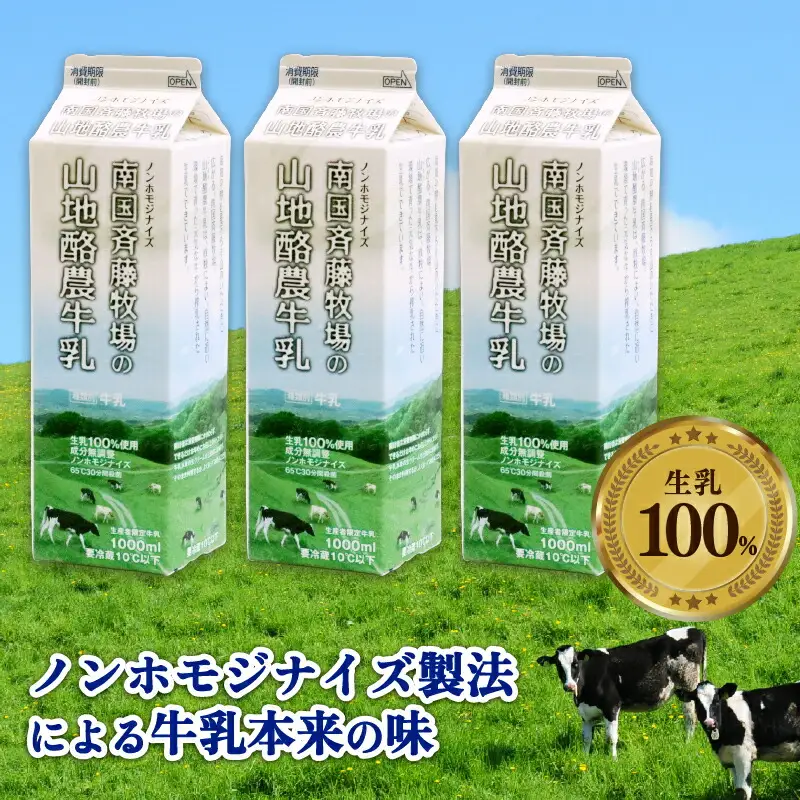 【バターができる】山地酪農牛乳(1L×3本) 低温殺菌 ミルク 生乳100％ 成分無調整牛乳 斉藤牧場 高知県 南国市