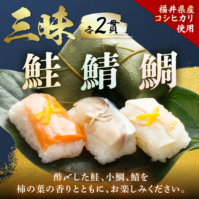 柿の葉すしセット(のどぐろ、三味(鮭、鯛、鯖)、焼鯖) 計18貫入《5種の味が楽しめる大人気のセット！》／ 寿司 柿の葉 食べ比べ 取り分け お手軽 あわら [aw050-a002]