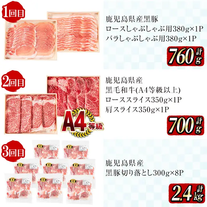 【定期便全6回】黒毛和牛・黒豚を交互にお届け！＜志布志牛・豚 満足定期コース＞計6.3kg超！定期便 牛肉 豚肉 サーロイン スライス 切り落とし 黒豚 ロース 豚ロース 豚バラ しゃぶしゃぶ すき焼き 焼肉 国産 t0100-031