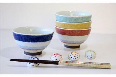 【陶器市特集】【波佐見焼】ニットボーダー 茶碗 ・レースはりねずみ 箸置き 8点セット 食器 皿 【陶芸ゆたか】 [VA83]  波佐見焼