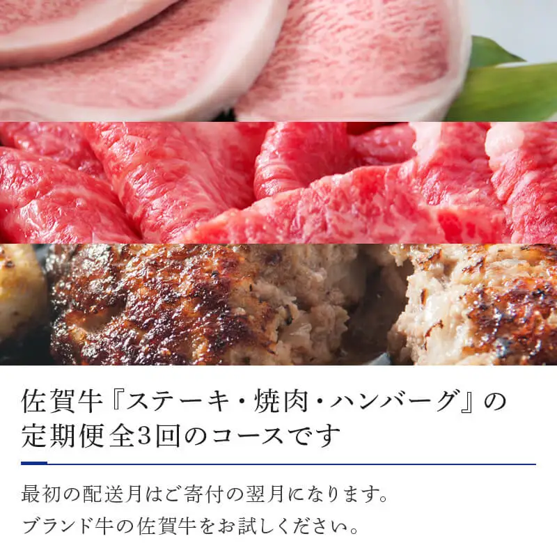 「定期便全3回」 佐賀牛 ステーキ250g×2・焼肉360g・ハンバーグ140g×10個 (合計2.26kg) 寄附翌月から発送 A5～A4等級 ギフト 贈り物