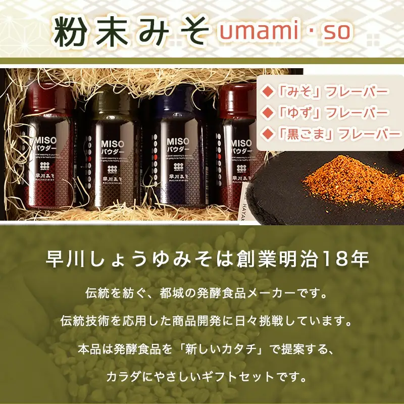粉末みそ umami・so 詰合せ〔AA-F202〕 _(都城市) 発酵食品 粉末味噌 柚子/ゆず 胡麻/ごま スパイス ふりかけにも 調味料 隠し味 醤油 フレーバー 大豆 麦 料理 贈答 伝統 パウダー