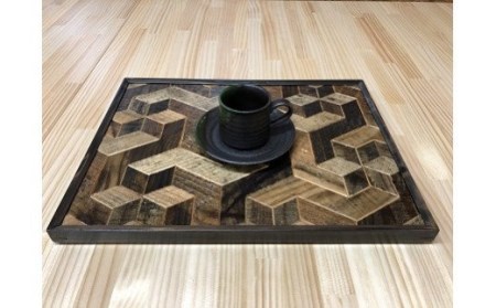 AV5　KOZAinoOBON【古材のお盆】ジオメトリックパターン　【 古材 お盆 和風 ランチョンマット トレイ トレー レトロ 手作り 木製 木目 幾何学模様 】