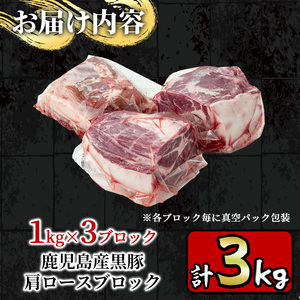 鹿児島産黒豚 肩ロースブロック 計3kg（ブロック1kg×3本）【財宝】_y201-v02
