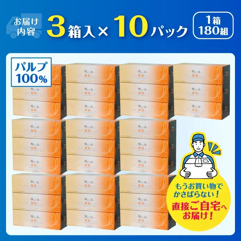 ボックスティッシュ 「デュー保湿ティッシュ」 極上の潤い 30箱 (3箱×10パック) ティッシュペーパー なめらか しっとり 富士山麓の天然水 保湿 冬場 花粉症 日用品 消耗品 生活用品 富士市 [sf002-021]