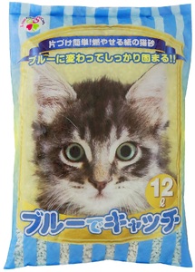 LOVEにゃんブルーでキャッチ 猫砂 12L×5袋 紙砂 色が青に変わる しっかり固まる 燃えるゴミ 水洗トイレ使用不可 消臭 ニャン 猫 ネコ ねこ まとめ買い ペット用 消耗 衛生 防災 備蓄 日本製 国産 SDGs サノテック 静岡 富士市 [sf024-019]