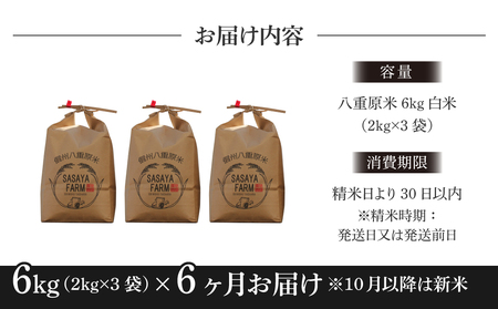 【寄附額改訂↓】令和8年新米予約【6回定期便】八重原米6kg（2kg×3袋）合計 36kg 白米　※2026年10月以降順次発送｜笹屋農園「農薬削減長野県認証取得」 先行予約 お米