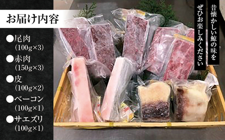 鯨肉セット（尾肉100g×3・赤肉150g×3・皮100g×2・ベーコン100g×1・サエズリ100g×1）／刺身 くじら クジラ クジラ肉 くじら肉【tgk103】