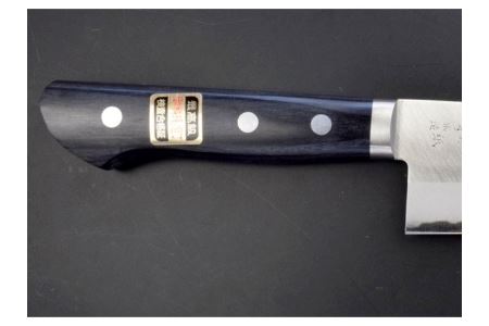 H25-10 青紙三徳包丁165mm 濃州正恒作 黒合板柄 口金付（CA-801M）