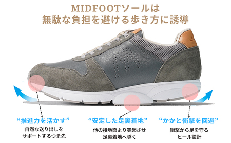 MIDFOOT ( ミッドフッド ) 紳士靴 レザースニーカー MF001JM ( グレー ) 4E ファッション シューズ メンズ お洒落 レザーシューズ エコレザー 快適 履き心地  BN003 25.0cm