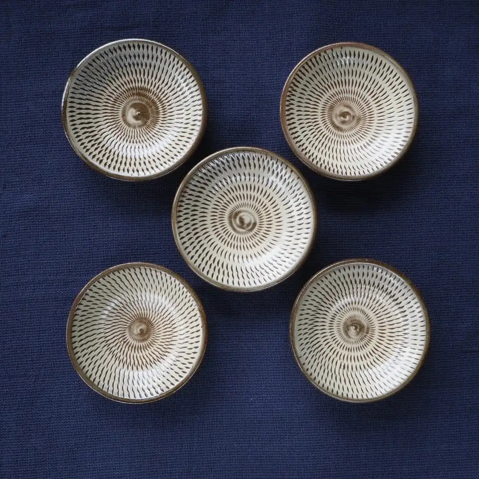 小石原焼飛鉋三寸深皿5枚セット(金丸窯)直径約9cm H25