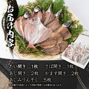  ごちそう干物5種セット (11尾・5種) 簡単 調理 干物 たい タイ 鯛 あじ アジ かます カマス さば サバ 丸干し 開き みりん干し 魚 海鮮 冷凍 詰め合わせ セット 大分県 佐伯市【AQ76】【(株)やまろ渡邉】