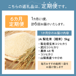 【令和7年度米】【6ヶ月定期便】JA梨北米（精米）5kg おまかせ銘柄 梨北信玄米コシヒカリ 武川コシヒカリ 農林48号 コシヒカリ 山梨県産 つやひめ 甘み 粘り 山梨最大の米処 北杜市武川町産 [h067]