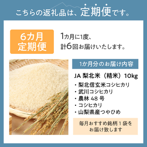 【令和7年度米】【6ヶ月定期便】JA梨北米（精米）10kg おまかせ銘柄 梨北信玄米コシヒカリ 武川コシヒカリ 農林48号 コシヒカリ 山梨県産 つやひめ 甘み 粘り 山梨最大の米処 北杜市武川町産 [h067]